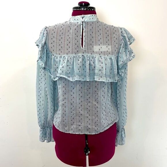 Zara blue textured Swiss dot mesh long sleeve ruffle blouse top M in Pastel Blue - Picture 4 of 8